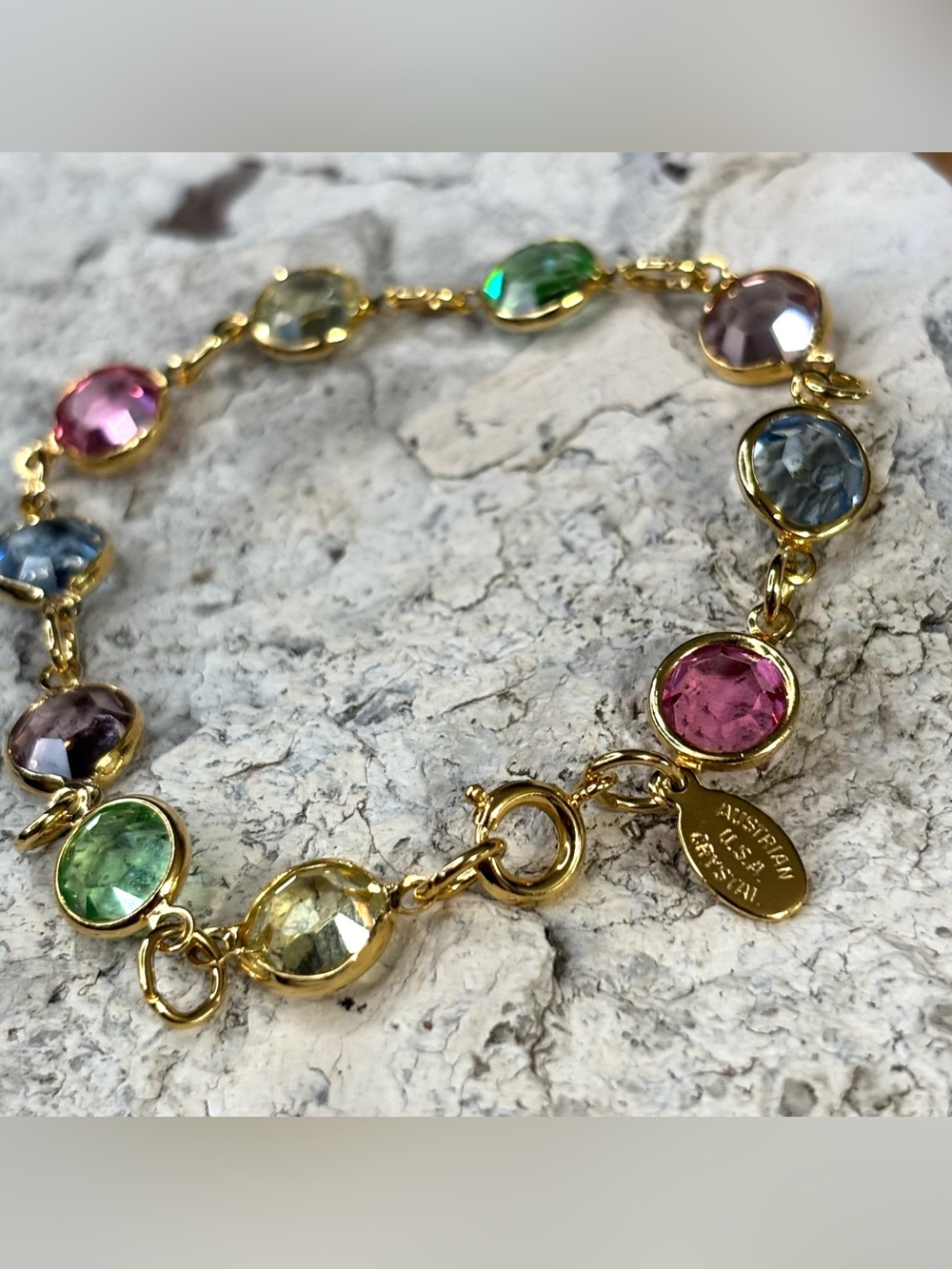 Austrian Crystal Multicolor Tennis Bracelet Gold Tone Bezel Set Faceted Crystals